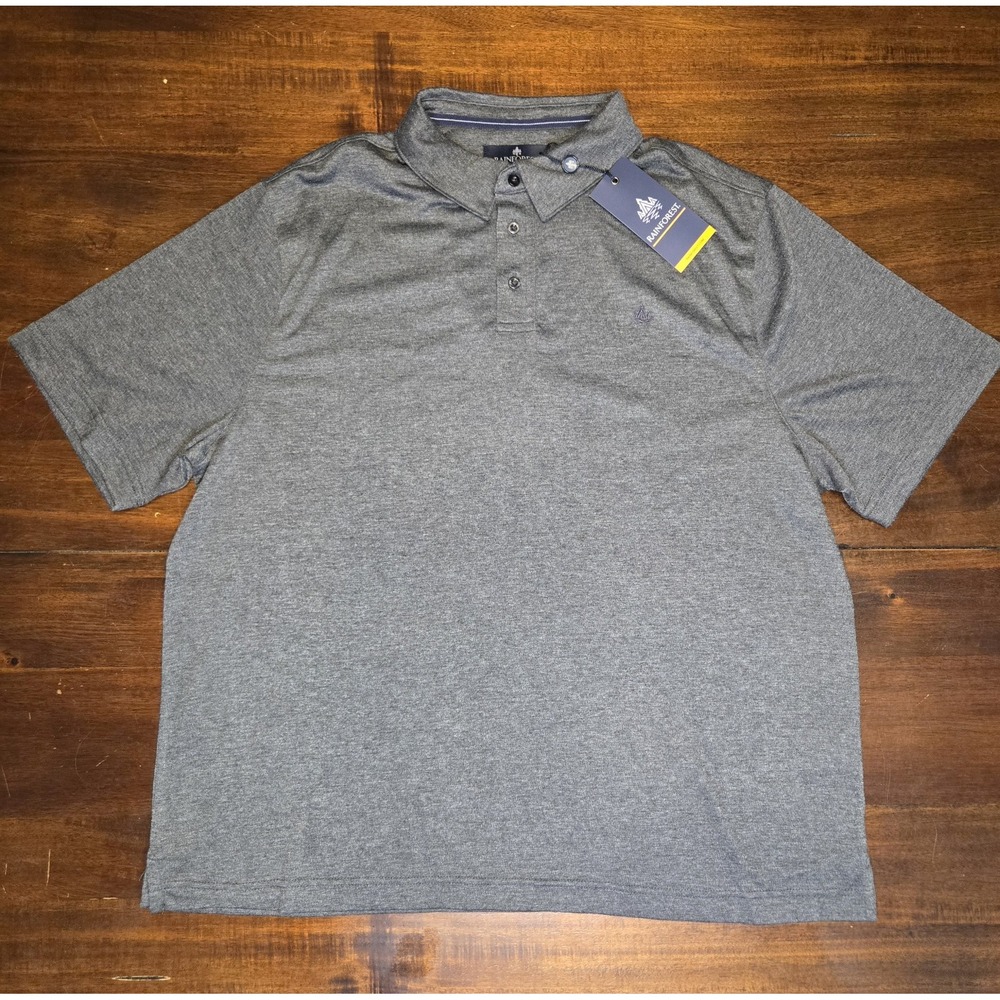 Rainforest Men's Size XL Heathered Black Short Sleeve Polo Shirt‎ NWT Logo